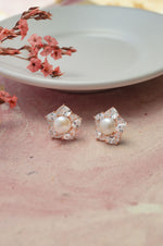 Blooming Pearl Flower Rose Gold Plated Sterling Silver Stud Earrings