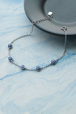 Stationed Protection Evil Eye Sterling Silver Chain Bracelet