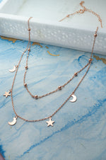 Stars & Moon Charms Rose Gold Plated Sterling Silver Chain Necklace