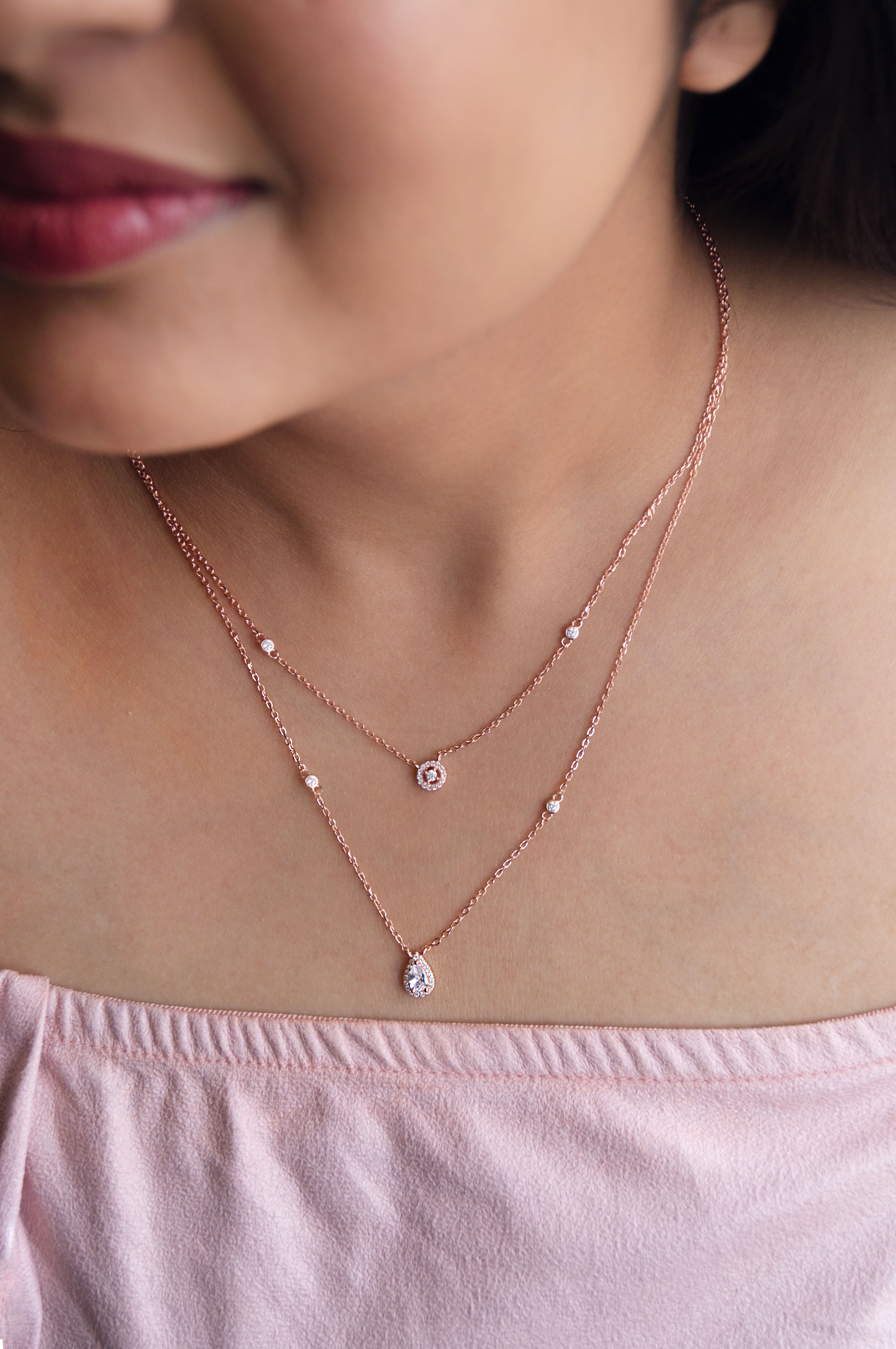 Set of 2 Layering Necklaces - Dainty CZ Solitaire Necklace and Engraved Bar Necklace Front / 18/20 / Sterling Silver