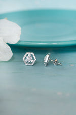 Hexagon With A Flower Sterling Silver Stud Earrings