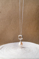 Square With Pearl Droplet Sterling Silver Chain Necklace