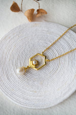 Exquisite Hexagonal Gold Plated Pearl Sterling Silver Droplet Necklace
