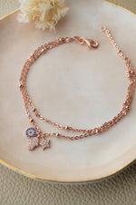 Hamsa Evil Eye Charm Two Layer Rose Gold Plated Sterling Silver Chain Bracelet