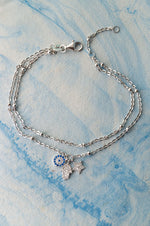 Hamsa Evil Eye Charm Two Layer Sterling Silver Chain Bracelet